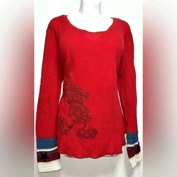 Disney Parks Mickey Mouse Thermal Sweater Womens Large Red Crochet Sleeves - Picture 1 of 4